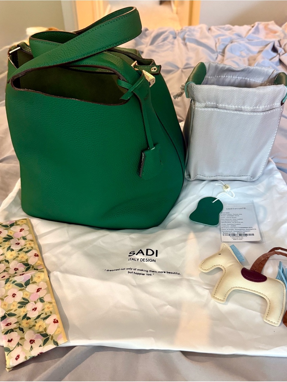 Green Pebbled Cowhide Leather Shoulder Bag with Removable Insert